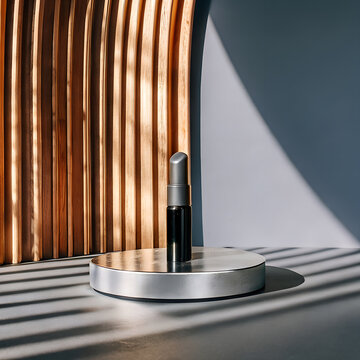 Cylindrical bottle on a circular stand a product display with wooden paneling container glass dark