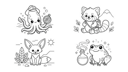 Obraz premium Cute cartoon animals holding magical and mystical items with transparent background