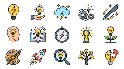 Corporate Set of Flat Design Icons Featuring Lightbulbs Innovation Creativity and Brainstorming Concepts © Tulo