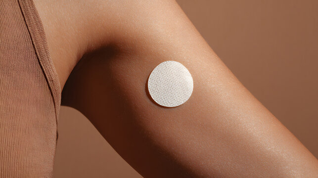 Round adhesive medical patch on upper arm of person with smooth skin conveying calm and subtle care