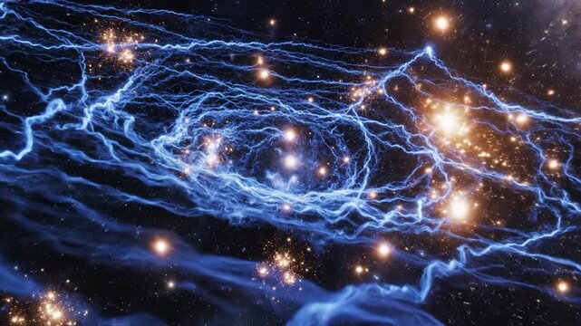Abstract cosmic energy flows through a dark starry nebula in deep space