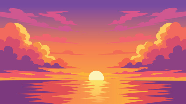 Dramatic Tropical Ocean Sunset Flat Vector Landscape Banner With Pink Clouds And Glowing Sun