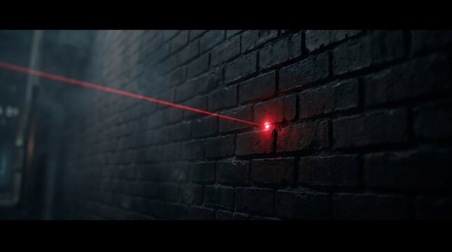 Red laser dot on a dark brick wall. Targeted beam light on a textured urban background.