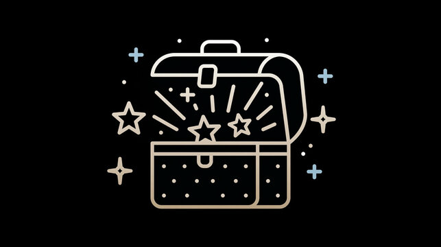 Open treasure chest illustration featuring glowing stars and magical sparkles designed with a minimalist line art style on a dark black background for modern creative projects