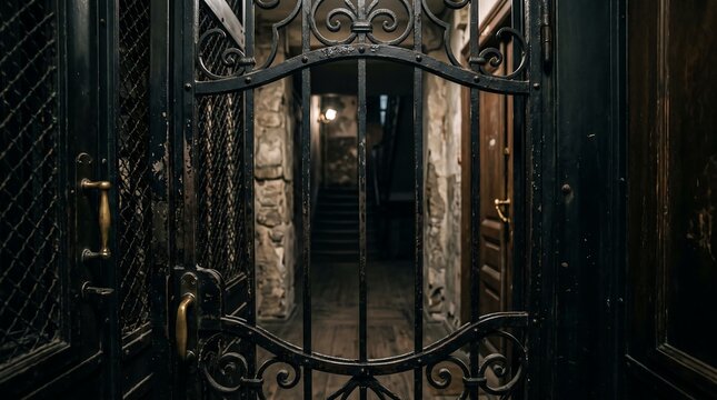 Old elevator interior with metal gate. Vintage lift cage looking out to dark hallway.