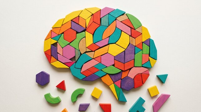 Colorful wooden geometric puzzle brain model. Neurodiversity concept.