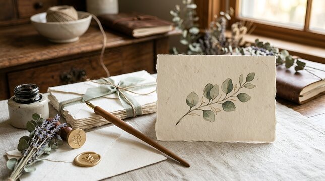 Eucalyptus Art Card Notepad Ink Pen Wax Seal and Rustic Desk Setup