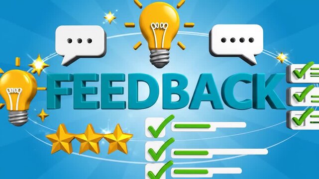 Customer feedback concept with light bulb and gold stars on blue background