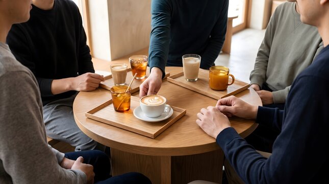 Close up of adult business colleagues sharing coffee and discussing project ideas at modern office cafeteria table