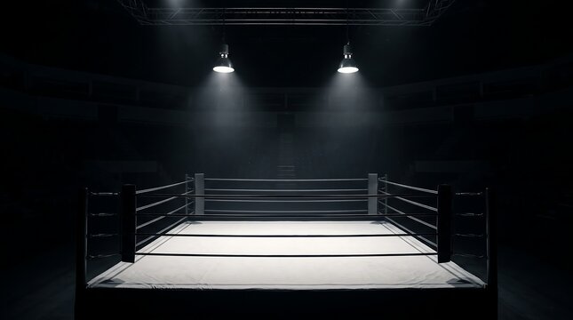 Empty boxing ring under bright spotlights. Professional combat arena for fighting sports.