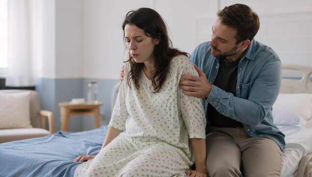 Pregnant woman experiencing contraction on hospital bed while partner supports her. Husband comforting wife during labor. Care and emotional support during childbirth in medical clinic.