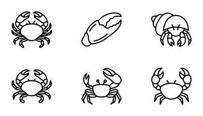 Fototapeta premium Crab Icons Set, Seafood Vector Graphics, Marine Life Illustrations, Ocean Crustaceans Collection