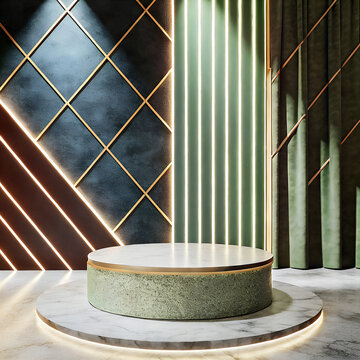 Circular product display stage with geometric backdrop a 3d rendered scene with illuminated elements render