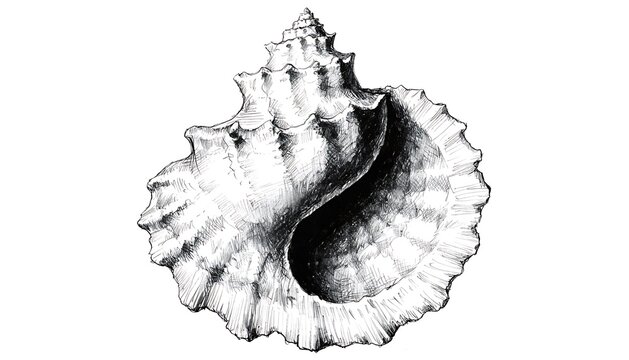 Detailed black and white illustration of a seashell with intricate spiral pattern