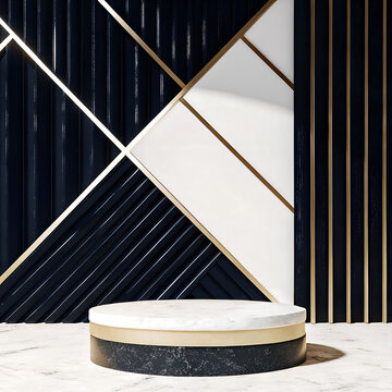Minimalist product display stage with geometric backdrop and marble textured pedestal abstract background acrylic texture advertising architecture