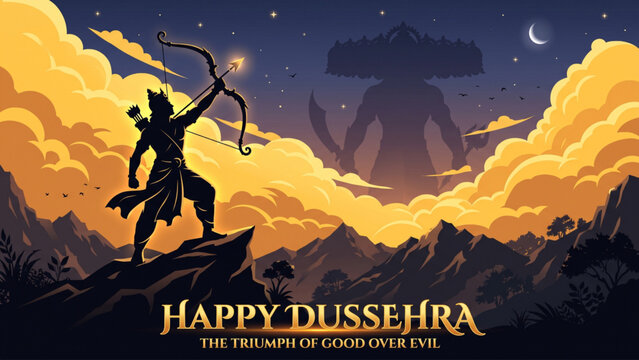 Lord Rama Silhouette Aiming Arrow at Ravana Demon King for Happy Dussehra Festival Vector Illustration