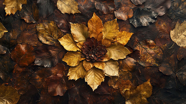 Top down view of rustic pile of fall leaves with pine cone in center creating warm autumn feeling