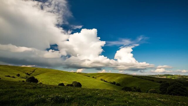 Rolling green hills under a bright blue sky with white clouds