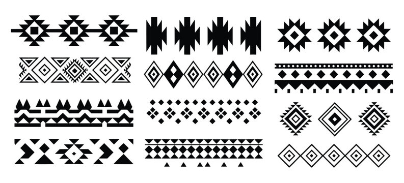 Aztec Navajo Borders set Southwestern art symbols with traditional geometric ornament patterns for decorative ethnic design