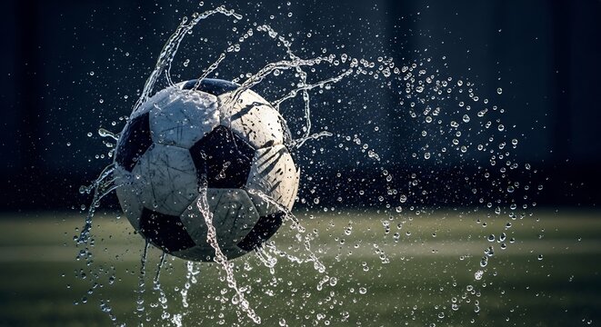 Soccer ball splashing into a puddle on a dark field
