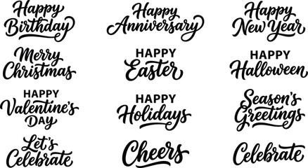 Set of seasonal holiday calligraphy phrases, including merry christmas, happy halloween, easter, valentine day, and new year greetings © Ronju