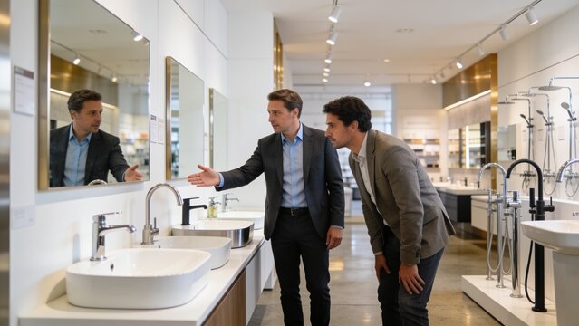 Salesman presenting bathroom fixtures to a customer in a bright, modern ceramic and plumbing store, discussing options and styles