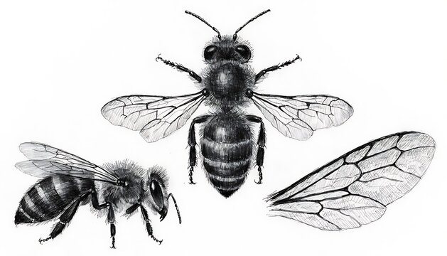 Black and yellow bee illustration with wings detail