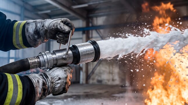 Professional firefighter using heavy duty foam nozzle to suppress intense chemical fire during dangerous emergency rescue operation