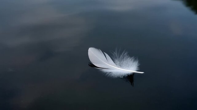 Single delicate white feather floating calmly on dark rippling water surface in a cinematic motion clip