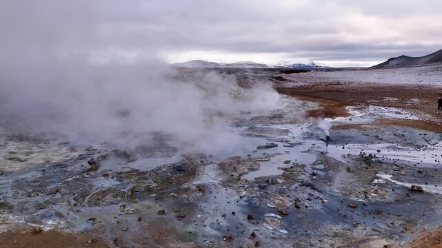 Drone video of Boiling mud pots and smoking fumaroles in Hverir geothermal field in Iceland on a cloudy day