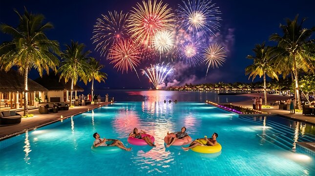 Family enjoying a vibrant fireworks display over a resort pool. Joyful nighttime celebration with floating rafts and tropical ambiance.
