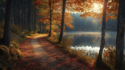 Tranquil forest path bathed in autumn hues with sunlight reflecting on calm lake © THUA