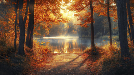 Peaceful autumn forest path with golden leaves and sunlight reflecting on calm lake © THUA