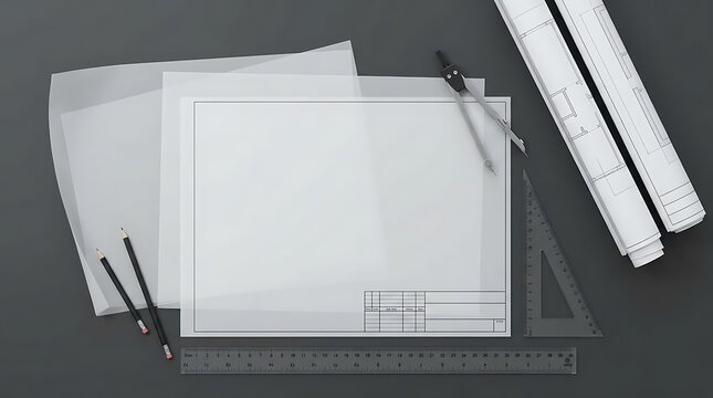 Architectural drafting tools with property map overlays on a dark desk for project planning construction design and real estate development drafting