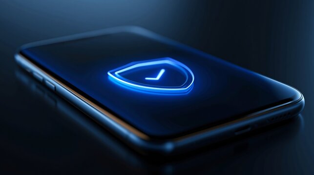 Glowing blue shield icon on smartphone screen represents secure data protection, digital privacy, and online safety for users