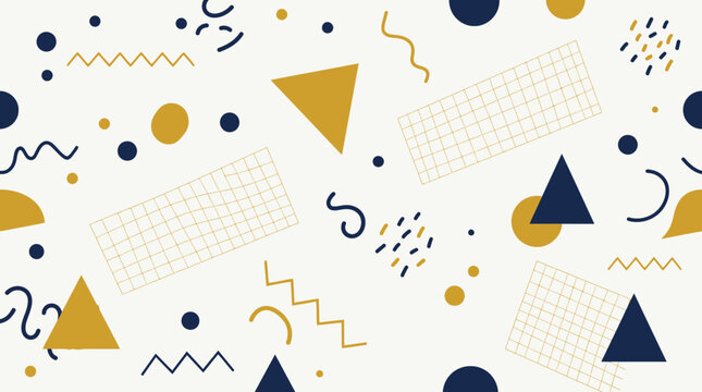 Memphis style pattern with colorful geometric shapes triangles and grid lines on backdrop.