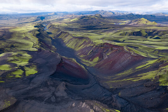 Aerial view of Eldgj&aacute; canyon and highlands, &Oacute;f&aelig;rufoss area