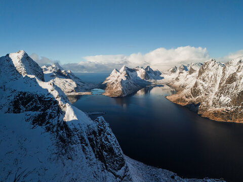 Aerial view of fjord on Lofoten islands in winter 