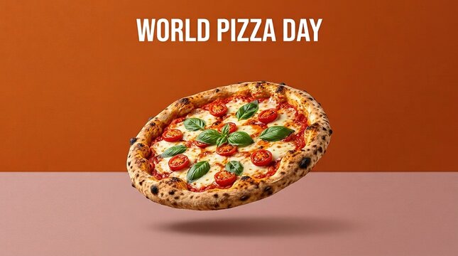 World Pizza Day celebration with fresh margherita pizza slice. Close-up of Italian flatbread topped with tomato, mozzarella, and basil on wooden bo...