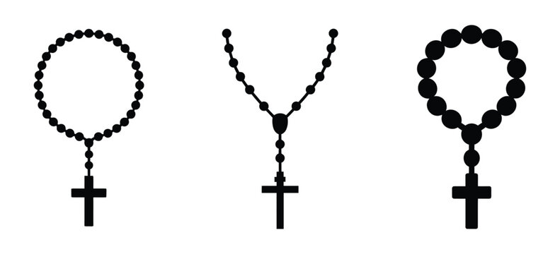 Rosary prayer beads icon set in black glyph style with cross pendant. Great for religious and faith based designs.