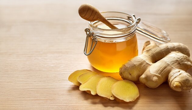 Fresh Sliced Ginger Root And Golden Honey Jar On Light Wood Table With Copy Space