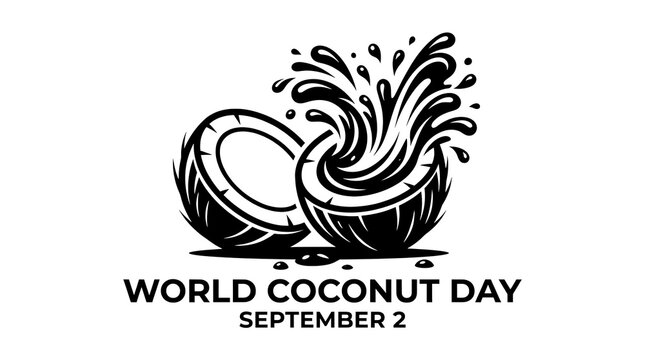 World Coconut Day celebration logo with tropical wave splash. Minimalist black and white vector illustration for September 2 event branding.