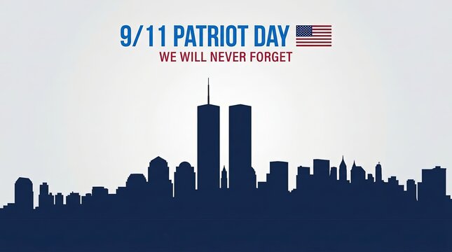 9/11 Patriot Day tribute with skyline and memorial text. Silhouette cityscape honoring September 11th with inspirational quote overlay.