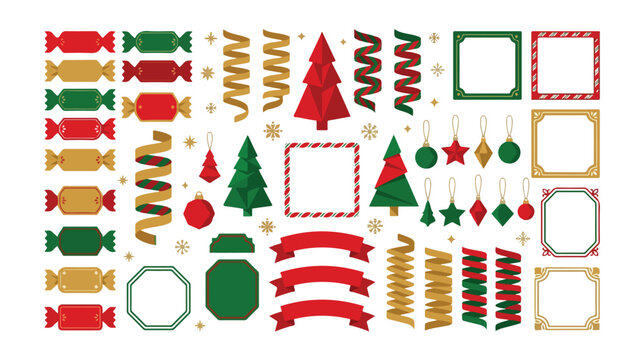 Festive Christmas pixel art vector collection, a vibrant set of holiday elements including wrapped candies, ribbons, Christmas trees, ornaments, and decorative frames