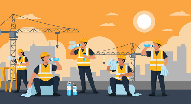 Construction workers drinking water and resting on building site at sunset
