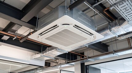 Fototapeta premium Modern office ceiling with cassette air conditioner and exposed ductwork