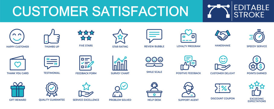 Set of 24 outline icons related to customer satisfaction. Containing feedback, five star rating, loyalty program, support agent, quality guarantee and more. Linear icon collection. Editable stroke