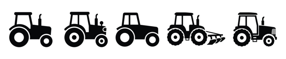 Farm tractor icon set in black glyph style with plow attachment variants. Perfect for agriculture and farming equipment designs. © Ashira