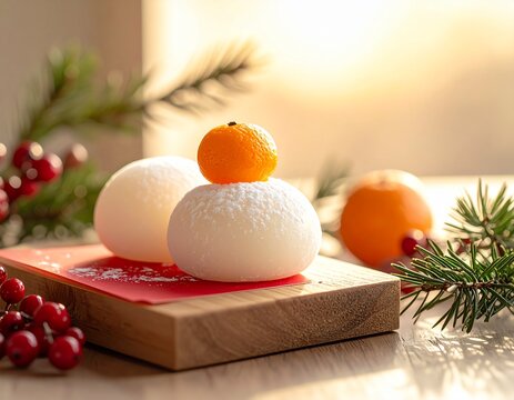 Japanese New Year kagami mochi rice cakes with mandarin orange, festive still life with pine branch and red berries