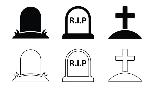 Gravestone RIP tombstone icon set in black and outline styles. Ideal for halloween and cemetery themed designs.